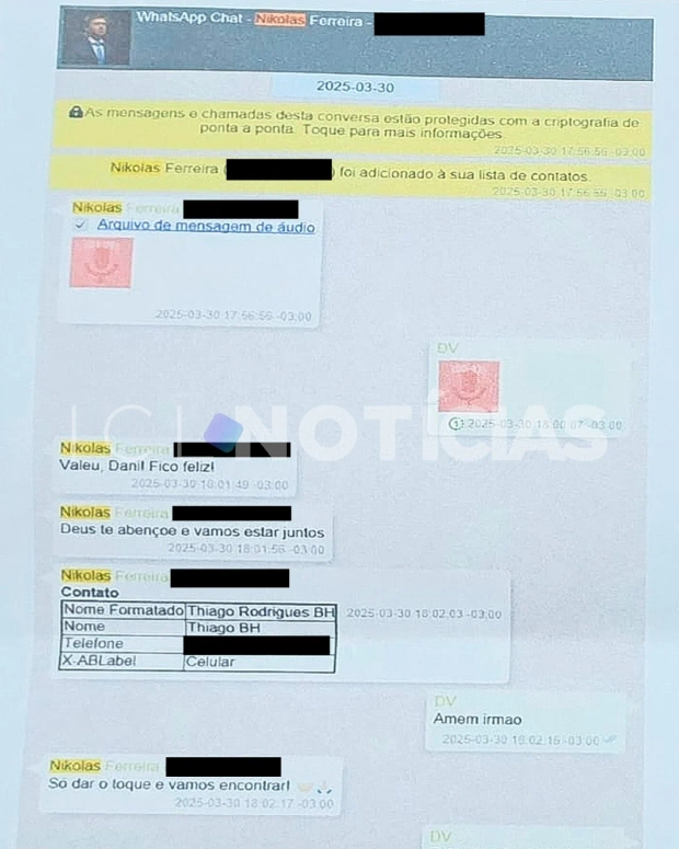 Print da conversa de Nikolas Ferreira e Daniel Vorcaro divulgado pelo ICL Notícias