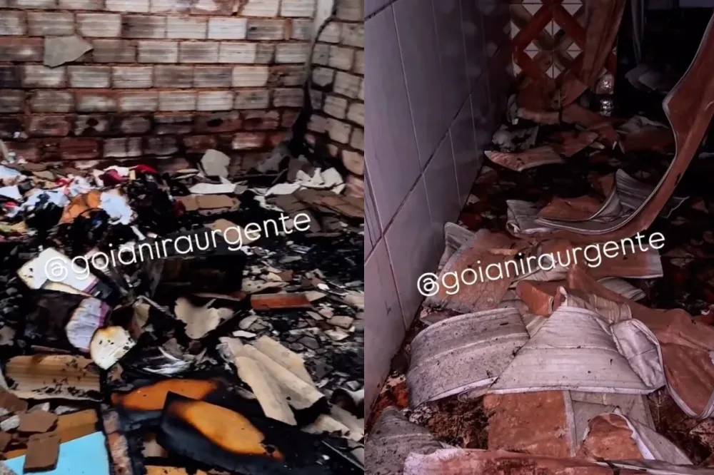 Cômodo usado como depósito ficou destruído e fumaça e calor deixaram resquícios em outros cômodos da casa. (Foto: Reprodução/@goianiraurgente)