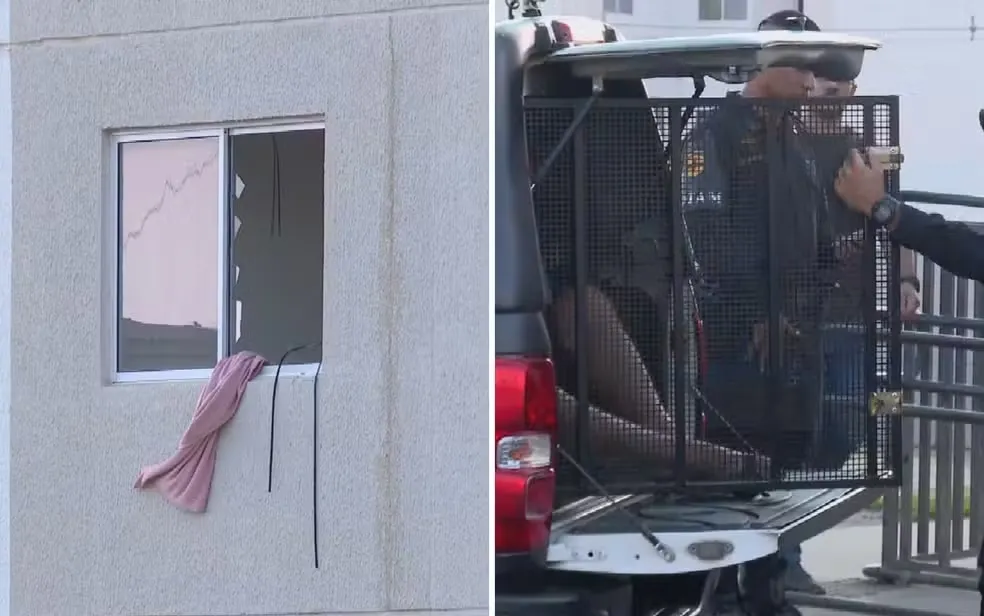 Homem pulou de janela de apartamento ao tentar fugir de tiroteio em condomínio que acabou com duas mortes em Goiânia, Goiás — Foto: Reprodução/TV Anhanguera