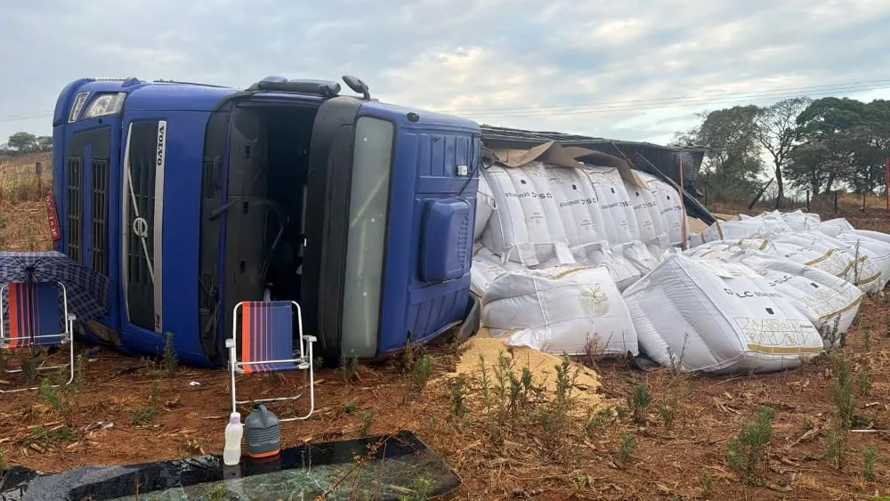 Carreta carregada de soja saiu da pista e tombou às margens da GO-222, em Anápolis. (Foto: Reprodução)