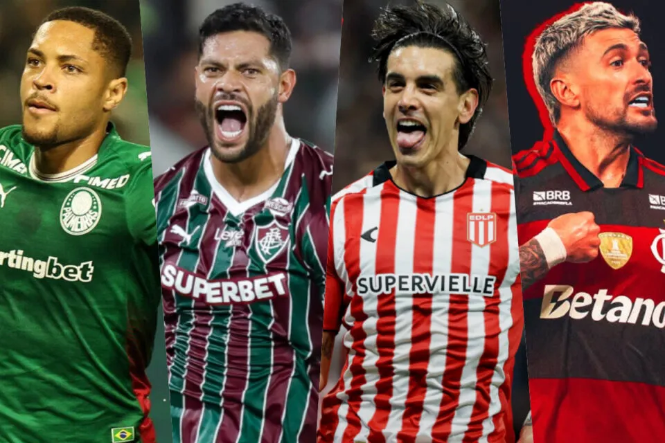 Os encontros das semifinais da Libertadores entre Vitor Roque e Hulk, e Alexis Castro e Arrascaeta (Fotos: Estudiantes de La Plata/Instagram | Gilvan de Souza/Flamengo | Cesar Greco/Palmeiras | Marcelo Gonçalves/FFC e Marina Garcia/FFC)