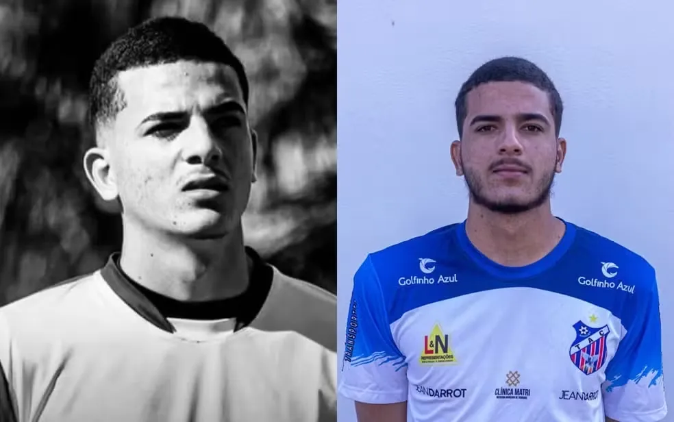 O goleiro Thiago Reis Dias, do Trindade Atlético Clube, morreu aos 18 anos, em Goiânia, após um AVC isquêmico — Foto: Reprodução/Perfil do Instagram do Trindade Atlético Clube e Arquivo pessoal/João de Jesus