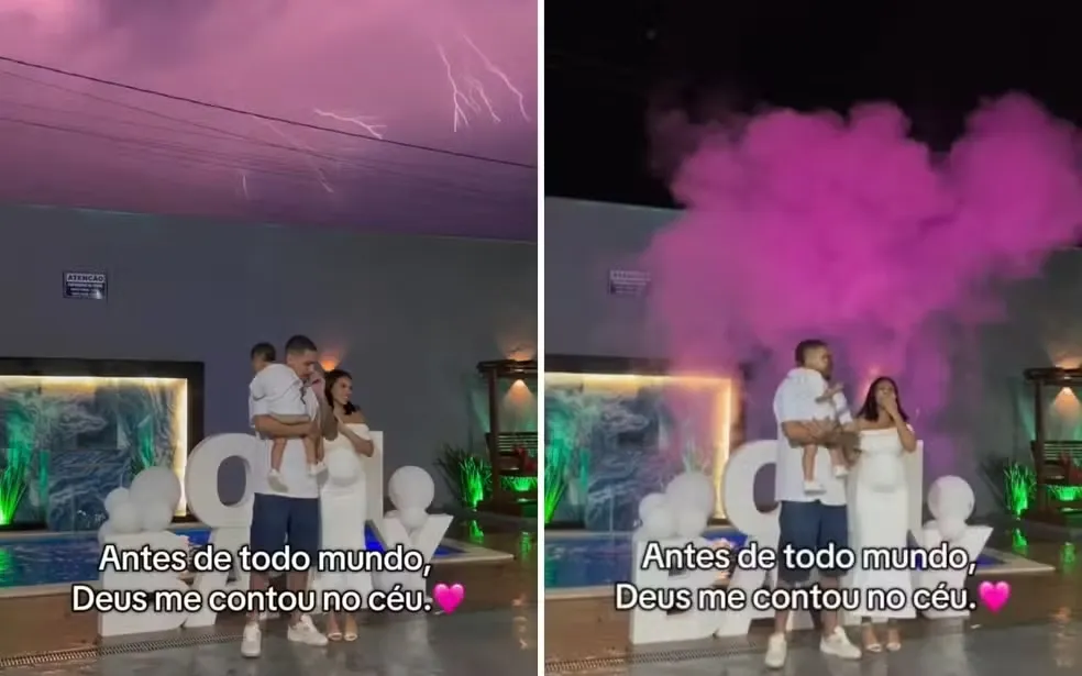 Raios colorem o céu de cor de rosa durante chá revelação em Goiânia — Foto: Reprodução/Instagram de Larissa Duarte