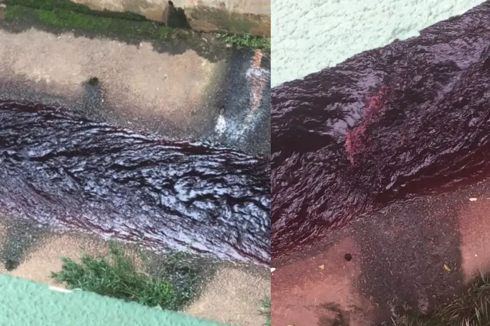 Água do Ribeirão Pirapitinga fica vermelha e assusta moradores de Catalão (Foto: Reprodução/Redes Sociais)