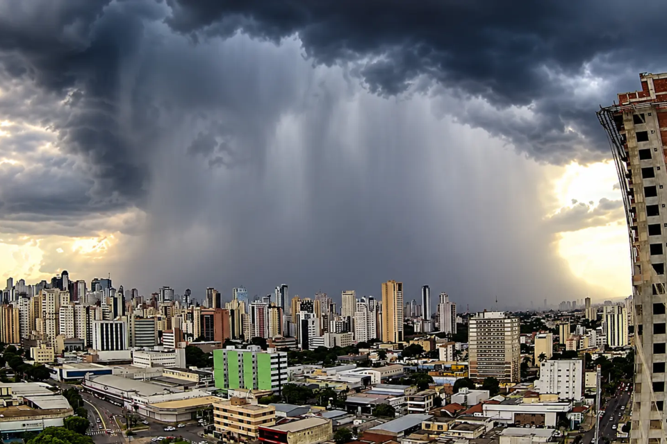 Nuvens carregadas e chuva intensa sobre Goiânia durante temporal na capital goiana (Foto: Reprodução/Clima ao Vivo)