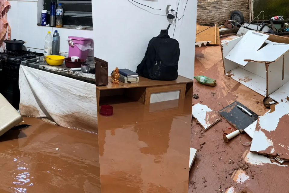 Enxurrada invade casa, derruba muro e destrói móveis no Setor Vila Bandeirante, em Goiânia